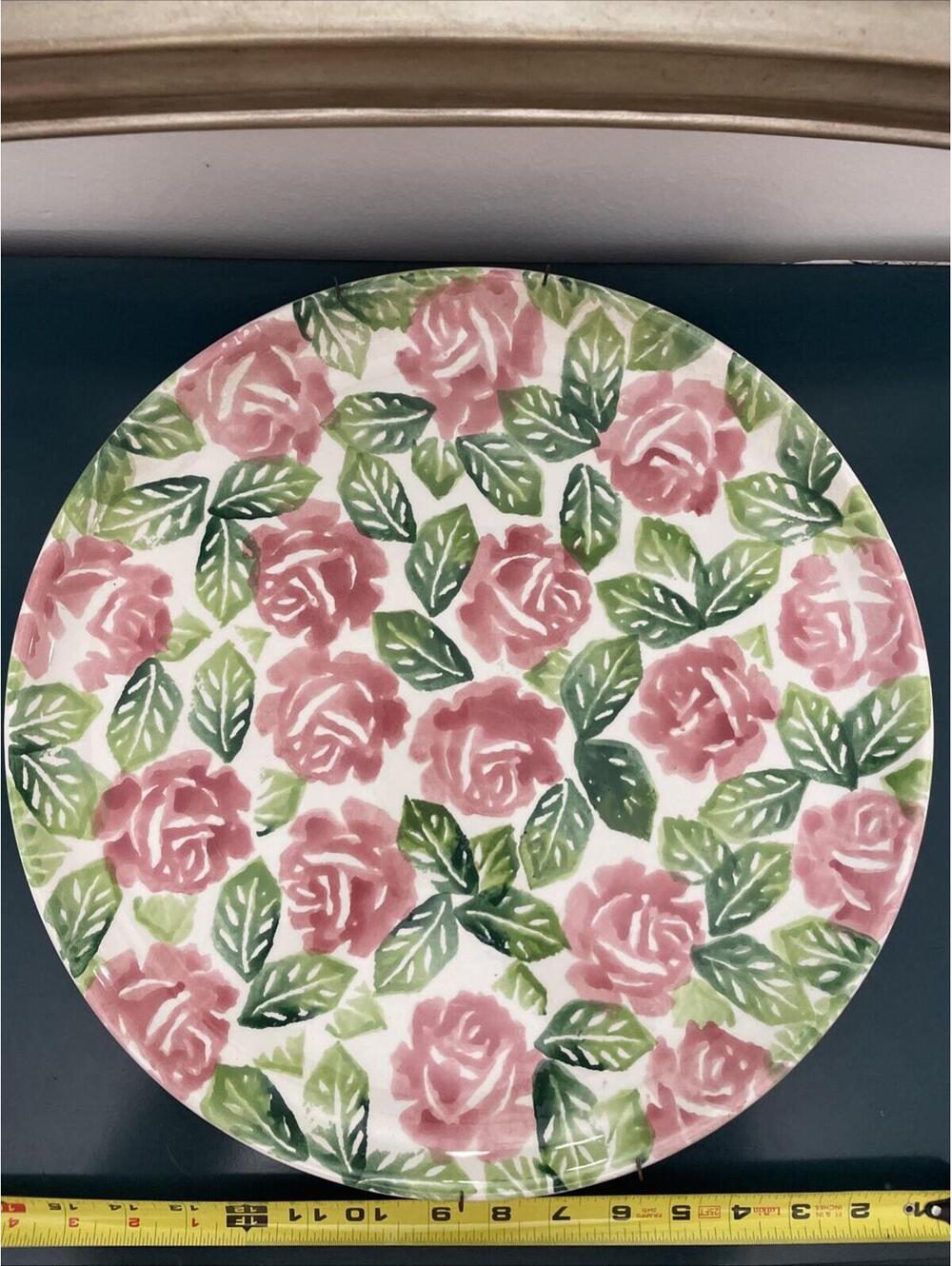 Vintage Floral Roses Katkhuda Pottery 15 Inch platter Pink And Green